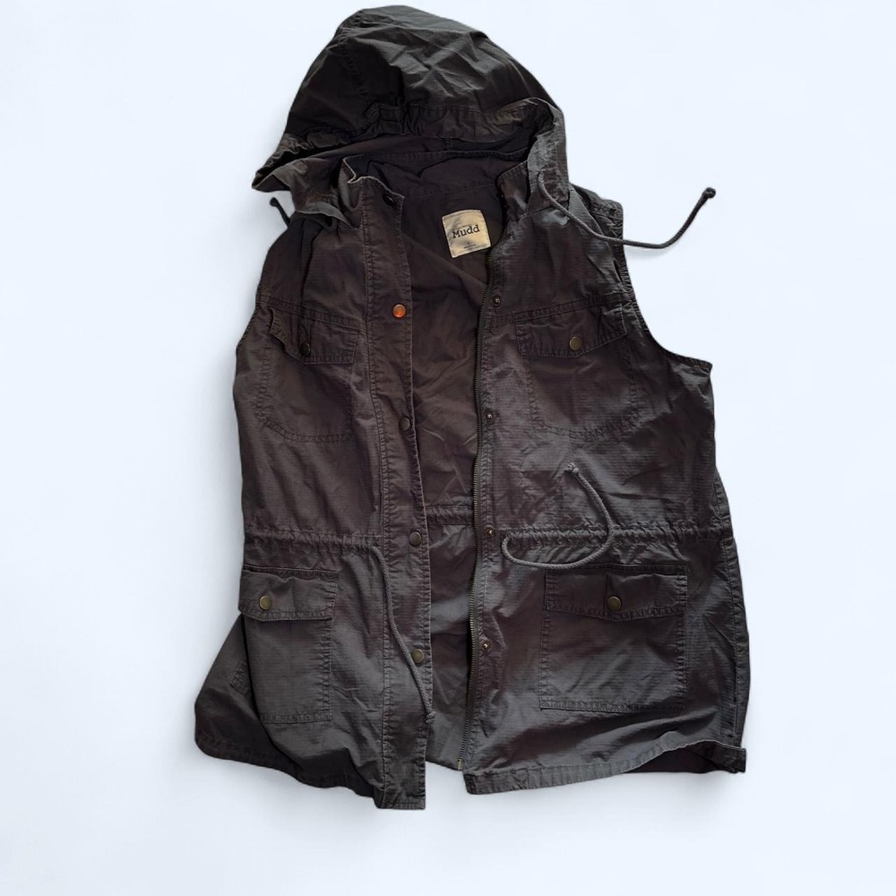 Mudd Womens Y2K Grunge Cargo Vest Hooded Sleeveless Utility Jacket Navy Black XL